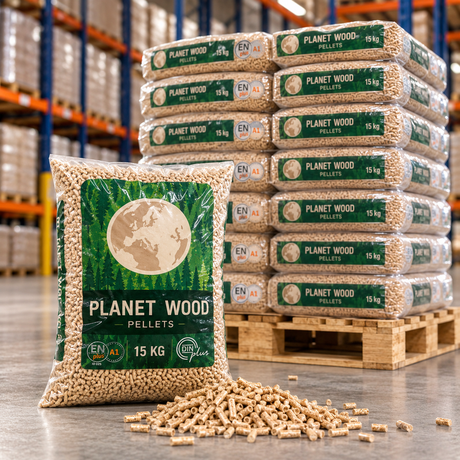 Palete com 77 sacos certificados DIN ENplus A1 15Kg GREEN PLANET